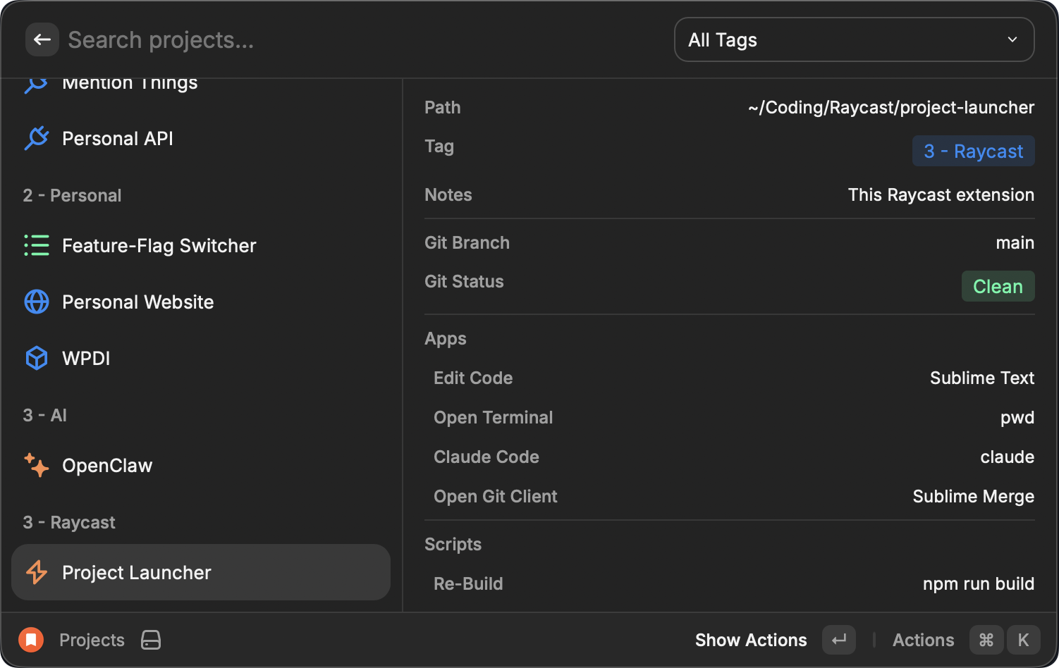 Screenshot of the project launcher overview, demonstrating the extension UI