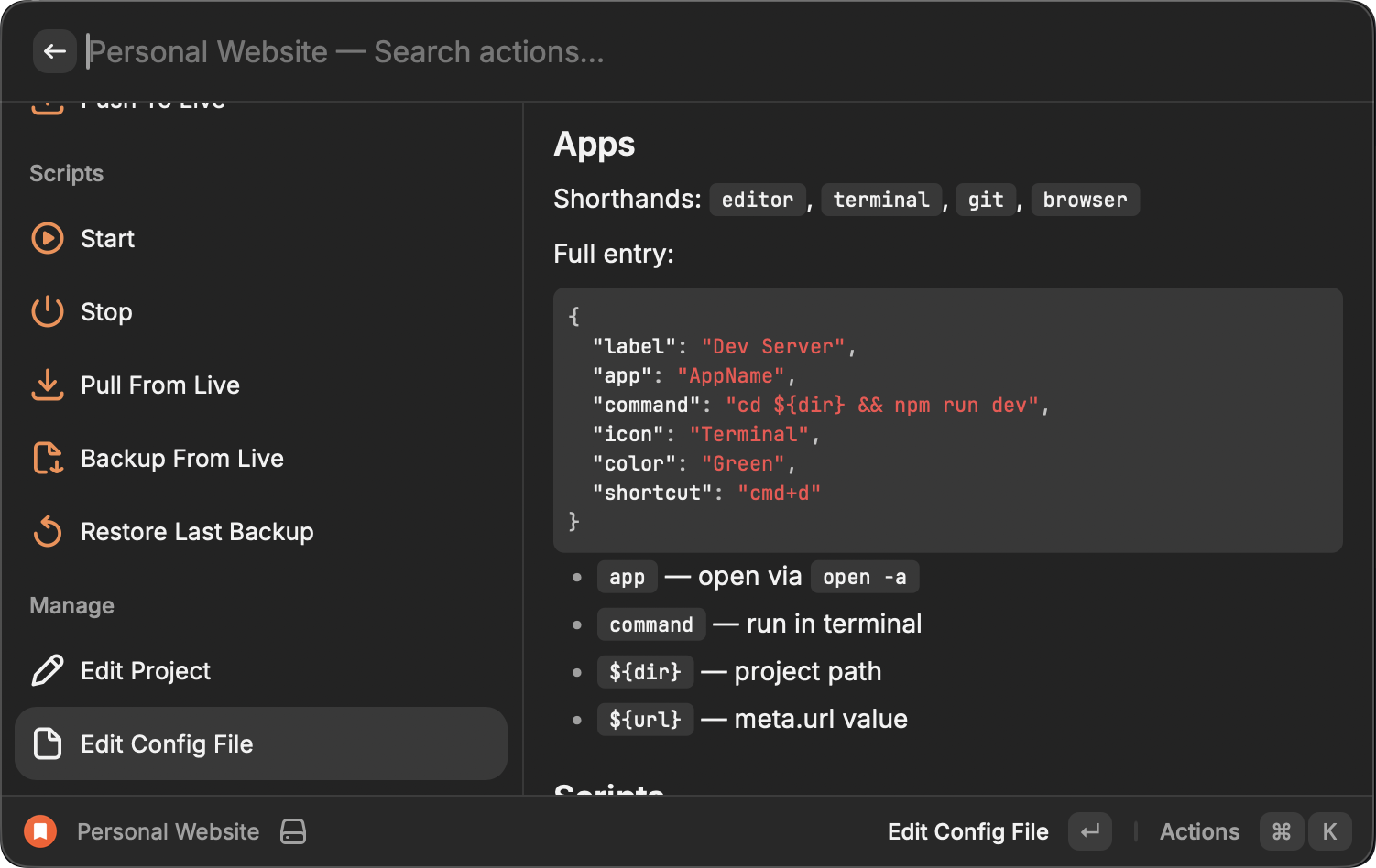 Project details with custom scripts and documentation of the config file